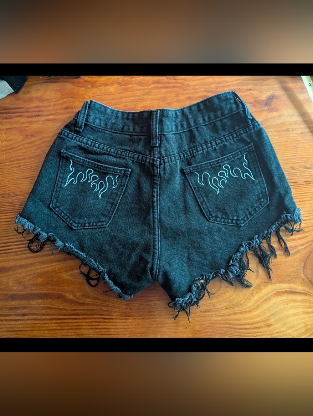 Shein Black Distressed Denim Shorts with White Flame Embroidery Size M